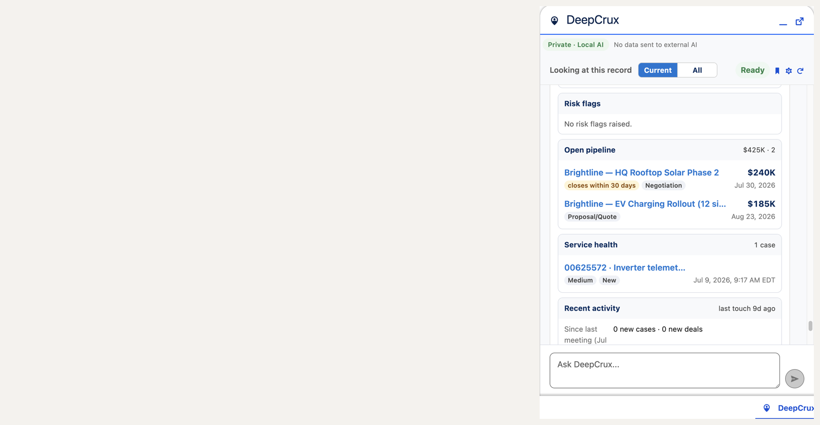 DeepCrux account brief: risk flags, open pipeline, service health, and recent activity